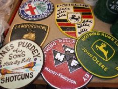 A collection of eight various reproduction painted metal car / vehicle signs including Bentley,