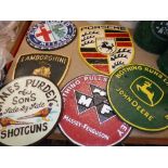 A collection of eight various reproduction painted metal car / vehicle signs including Bentley,