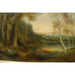 CHARLES MCKINLEY "Woodland Landscape Overlooking Lake", oil on canvas, signed lower right,