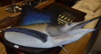 A mounted Sailfish with original fish beak and jaw (remainder fibreglass replica)