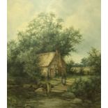 H GUMMERY "Rural scene" of woman outside a thatched dwelling, oil on panel,