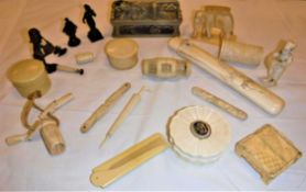 A collection of various ivory wares to include a barrel shaped cricket cage,