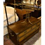 A top section of a campaign style chest together with two brass standard lamps and a circa 1900
