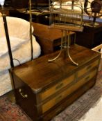 A top section of a campaign style chest together with two brass standard lamps and a circa 1900