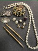 A collection of costume jewellery to include simulated pearl necklace, three pairs of earrings,