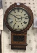 A Victorian walnut parquetry inlaid drop dial wall clock Size approx 70cm high x 41cm wide