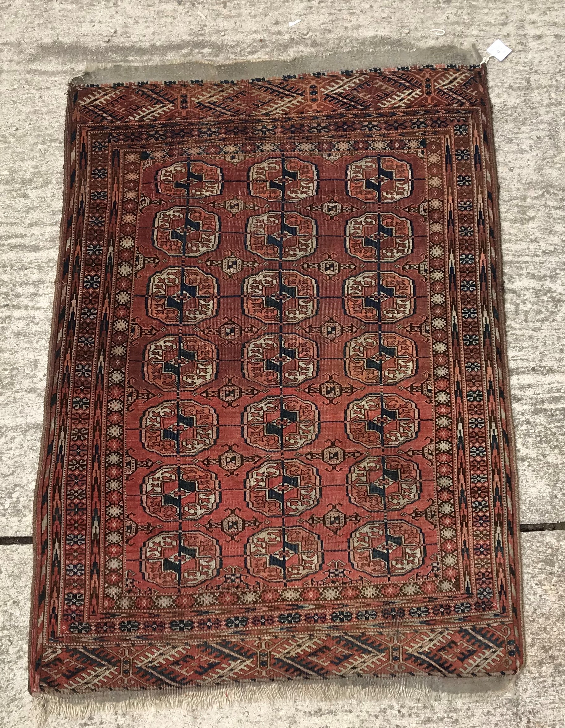 A Bokhara Tekke rug with all over elephant foot medallions on a red ground,