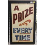 "A Prize Every Time" a pair of vintage fairground signs, handpainted on wood,