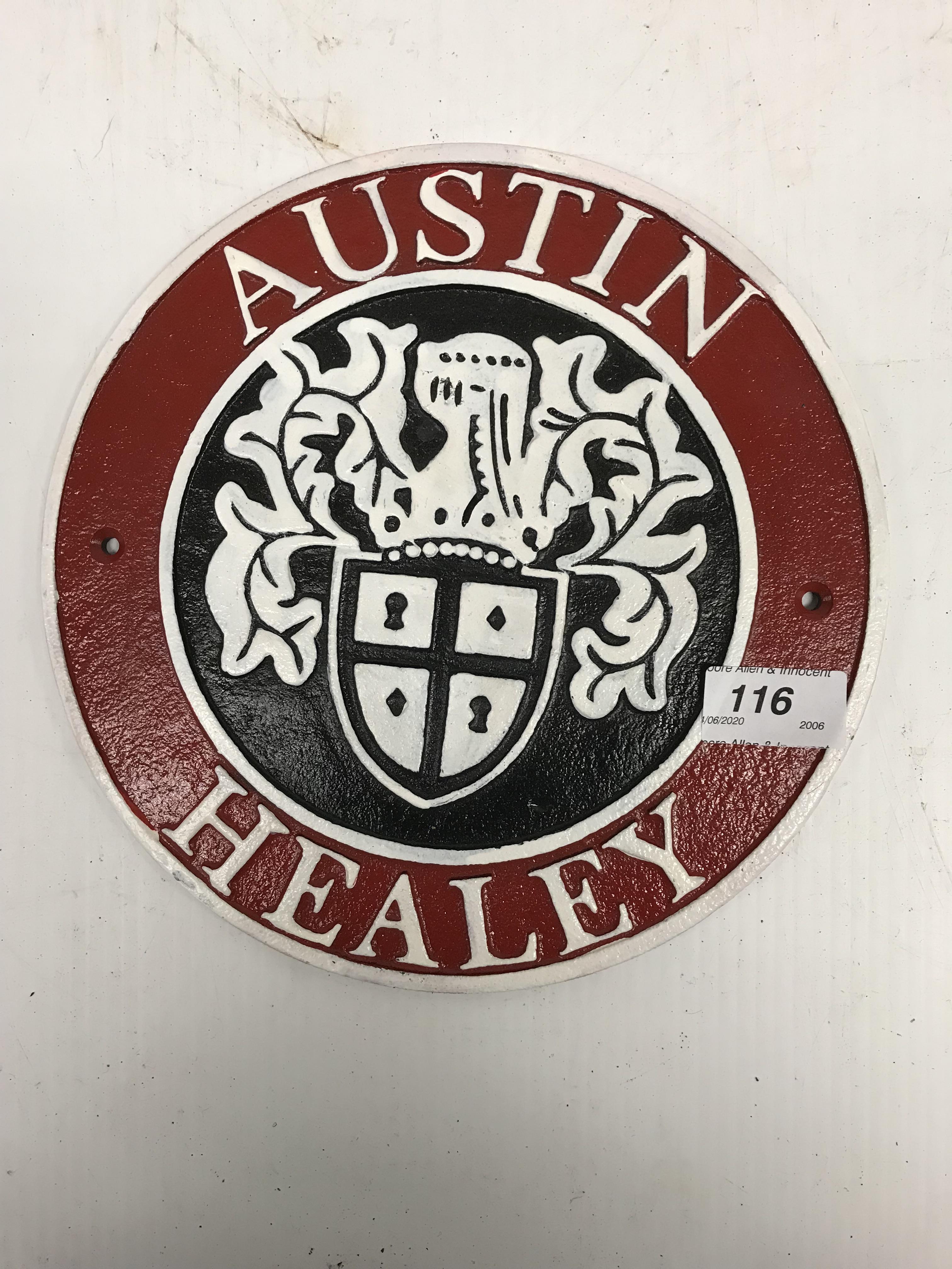 A modern painted cast metal sign "Austin Healey"