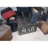 A collection of various trunks and suitcases to include a Victorian painted ebonised and slatted
