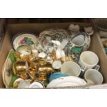 Two boxes of assorted china wares and a box of sundry items, a Chinese moon flask style vase,