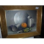 GEORGE LESLIE REEKIE (1911-1969) "Still Life of Pewter Wares and Fruit", oil on canvas,
