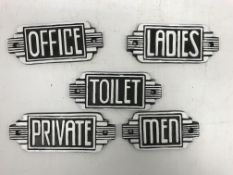 Five modern Art Deco style signs "Toilet" "Men" "Ladies" "Office" "Private"