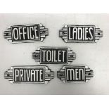 Five modern Art Deco style signs "Toilet" "Men" "Ladies" "Office" "Private"