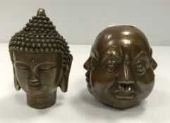 A modern bronze of a Sino Tibetan Buddha head and a bronze paperweight as a four-faced head.