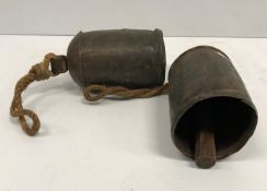 Two vintage style painted metal bells with wooden clappers