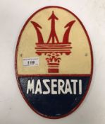 A modern painted cast metal sign "Maserati"