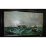C JUNIOR "Battleships and Boats on a Stormy Sea", oil on canvas, signed lower right,