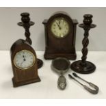 A mahogany cased mantel clock of lancet form by JW Benson, a further mahogany mantel clock,