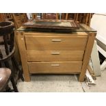 A modern oak chest of three long drawers with glass top, together with associated double bedstead,