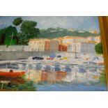 F CHANTRELLE "Continental Scene of Boats Moored in Harbour, a Town in the Background",