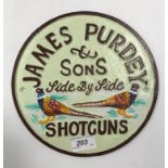 A painted cast metal sign "James Purdey & Sons Side by Side Shotguns"