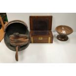 A 19th Century mahogany and brass bound writing slope, together with a turned pedestal wooden bowl,