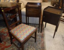 An Edwardian mahogany tray top night table with single cupboard door on square tapered legs,