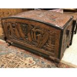 A collection of furniture comprising a carved trunk, three 19th Century chairs,