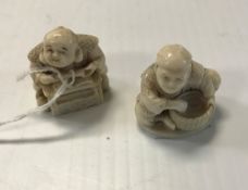 A carved ivory netsuke of a scholar reading, bears red mark to back and signed beneath, 3 cm high,