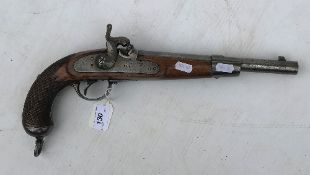 A 19th Century hammer action muzzle loading pistol the barrel indistinctly inscribed "J Rowlett?"