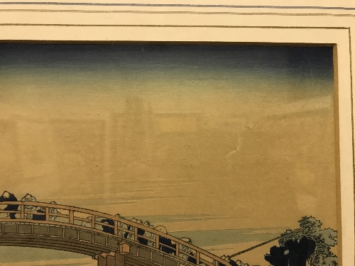 JAPANESE SCHOOL "Figures on a Bridge, Mount Fuji in Background", woodblock print with script panel, - Image 7 of 11