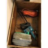 A crate containing a Black & Decker hedge trimmer together with a Hoselock hose cover and a Flymo