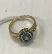 A 9 carat gold aquamarine and diamond set ring size Q, 3.