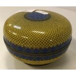 A Chinese cloisonné lidded bowl and cover with yellow ground dragon scale decoration and green,
