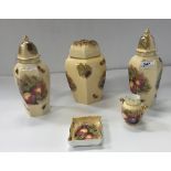 An Aynsley suite of lidded vases, small vase and pin dish with beige ground and fruit decoration,