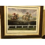 AFTER A J DENT "Cheltenham Gold Cup 2000", colour print, signed in pencil, also signed by the owner,