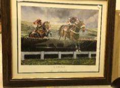 AFTER A J DENT "Cheltenham Gold Cup 2000", colour print, signed in pencil, also signed by the owner,