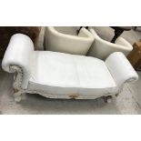 A modern cream leather upholstered scroll arm windowseat on a painted base of cabriole legs to