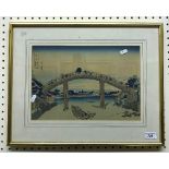 JAPANESE SCHOOL "Figures on a Bridge, Mount Fuji in Background", woodblock print with script panel,