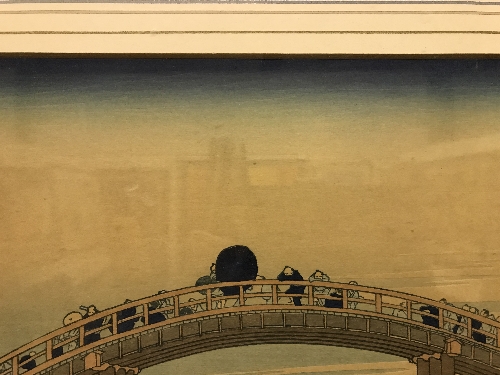 JAPANESE SCHOOL "Figures on a Bridge, Mount Fuji in Background", woodblock print with script panel, - Image 6 of 11