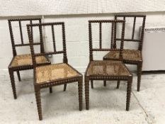 A set of four Victorian bobbin turned hall chairs with cane seats,