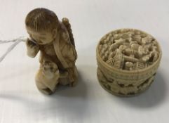 A 19th Century carved ivory lidded counter pot, the lid depicting figure in a landscape,