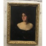 CIRCA 1900 ENGLISH SCHOOL "Young Woman in Off the Shoulder Dress", a portrait study, half length,