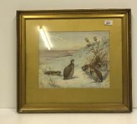 J HAMMOND HARWOOD "English Grey Legged Partridge in Snow", watercolour heightened with white,