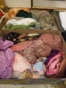 Two boxes of vintage clothing and costumes to include dresses, coat,
