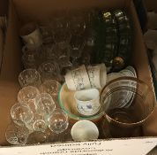 Three boxes of assorted china and glass wares to include decorative tea sets,
