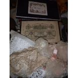 A box containing assorted lace to include veil, etc and two 19th Century cardboard boxes,