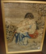 A 19th Century needlework tapestry panel depicting a mother and child in landscape and indistinctly