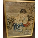 A 19th Century needlework tapestry panel depicting a mother and child in landscape and indistinctly